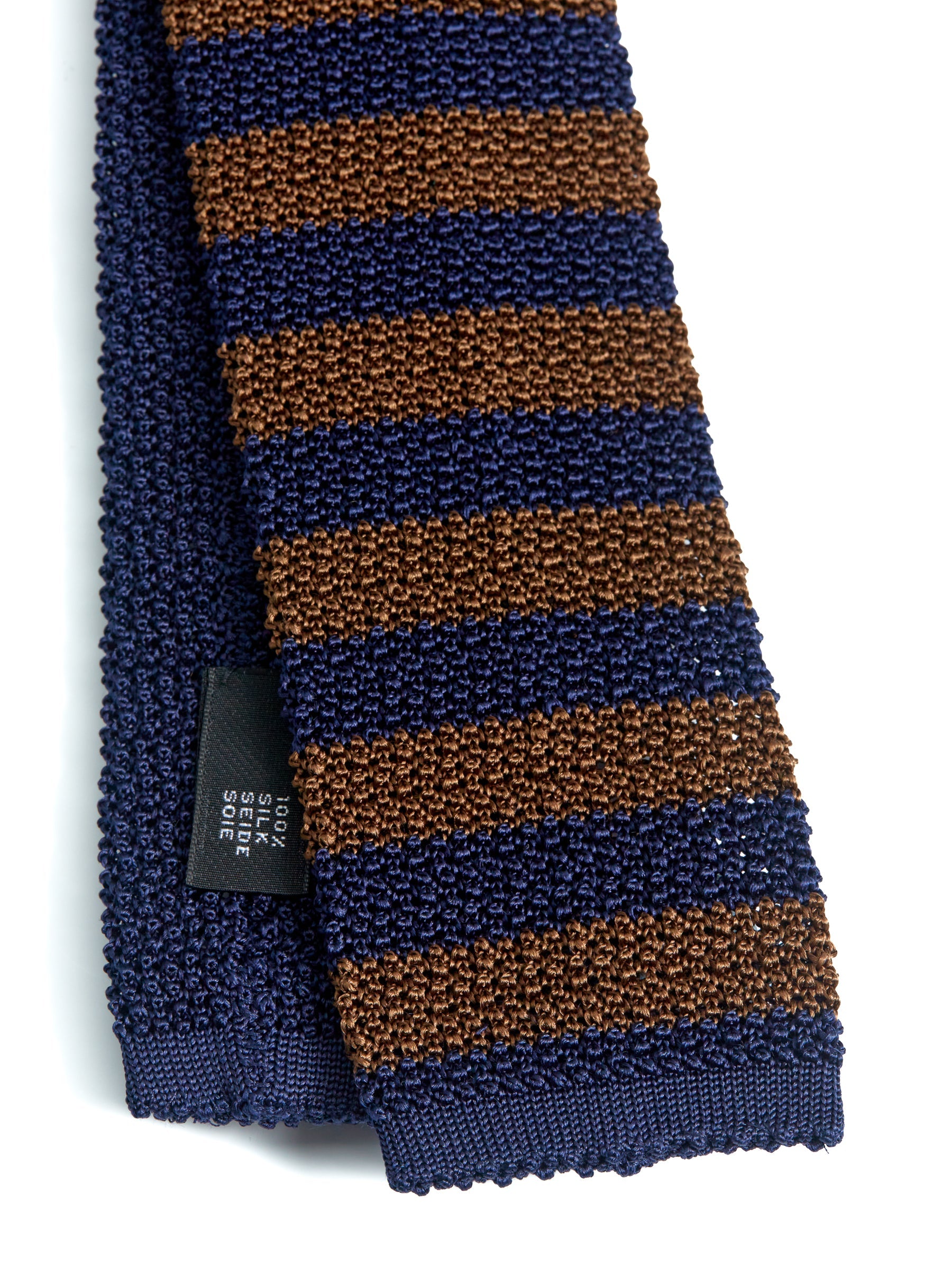  Silk Knitted Tie Navy/Brown Stripe